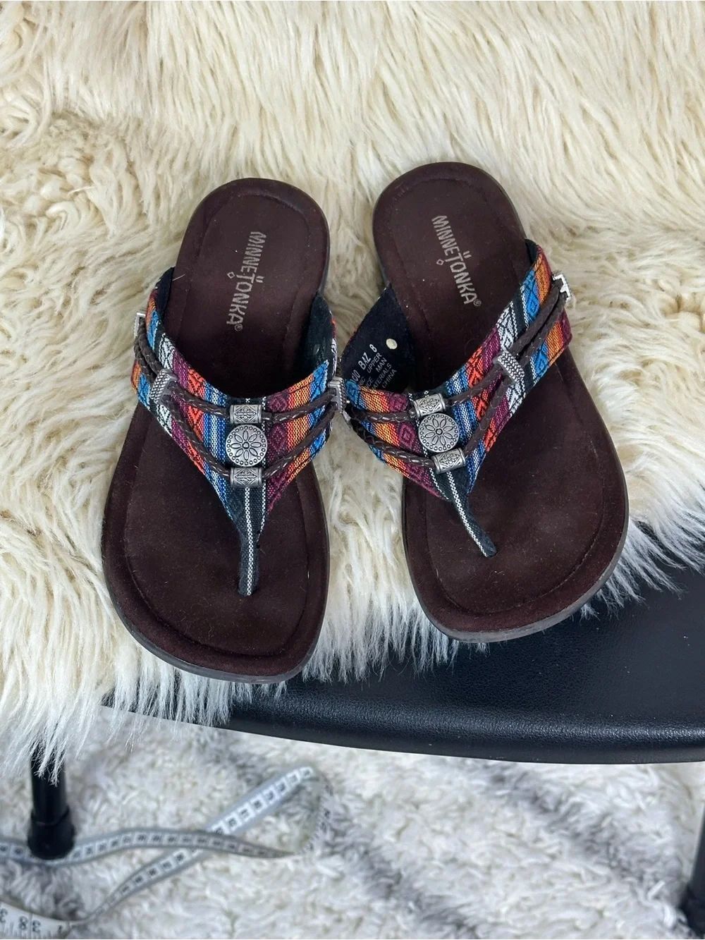 Minnetonka Brown Sandals with Multicolor Woven Straps
